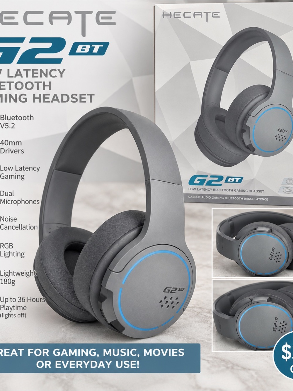 Hecate G2 BT Wireless Gaming Headset — Gray with Blue Accent NEW